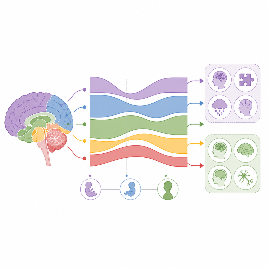 Figure 1. Hoe risicogene in de hersenen in verschillende regio’s en leeftijden aantrekken om vroeg optredende versus later optredende psychiatrische en neurologische aandoeningen te vormen