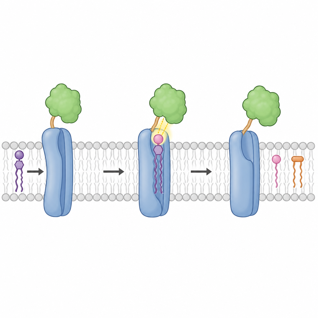 Figure 2. Come due proteine partner in una membrana batterica rimodellano un lipide speciale mediante aggancio, legame e scissione.