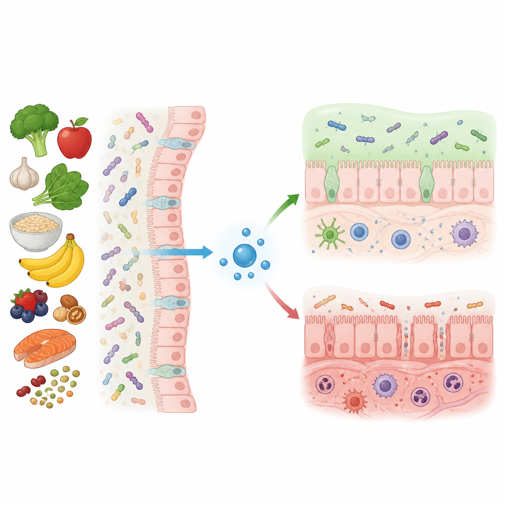 Figure 1. Comment un seul acide aminé relie ce que nous mangeons, nos bactéries intestinales et la santé de la muqueuse intestinale.