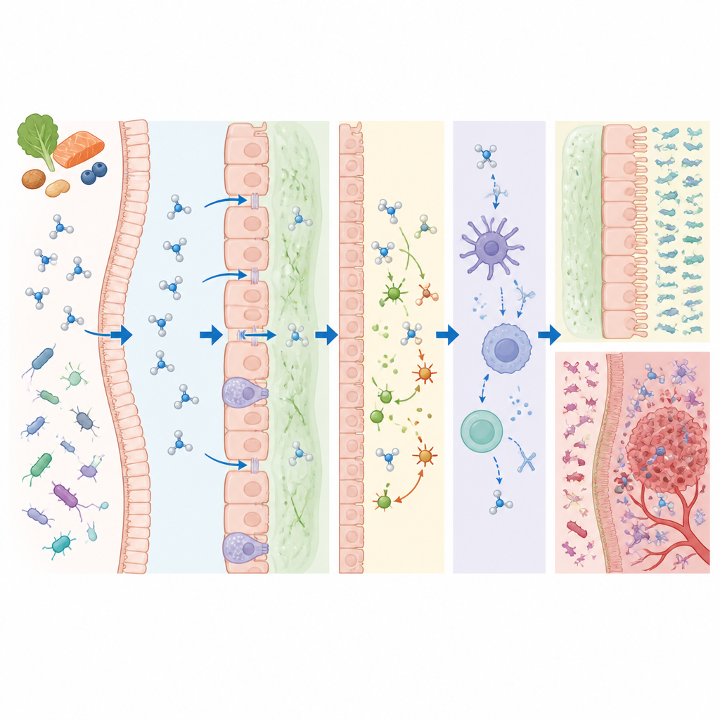 Figure 2. Vue étape par étape de la façon dont la L-sérine passe de l’alimentation et des microbes aux cellules intestinales pour façonner le mucus, les défenses et le risque de maladie.