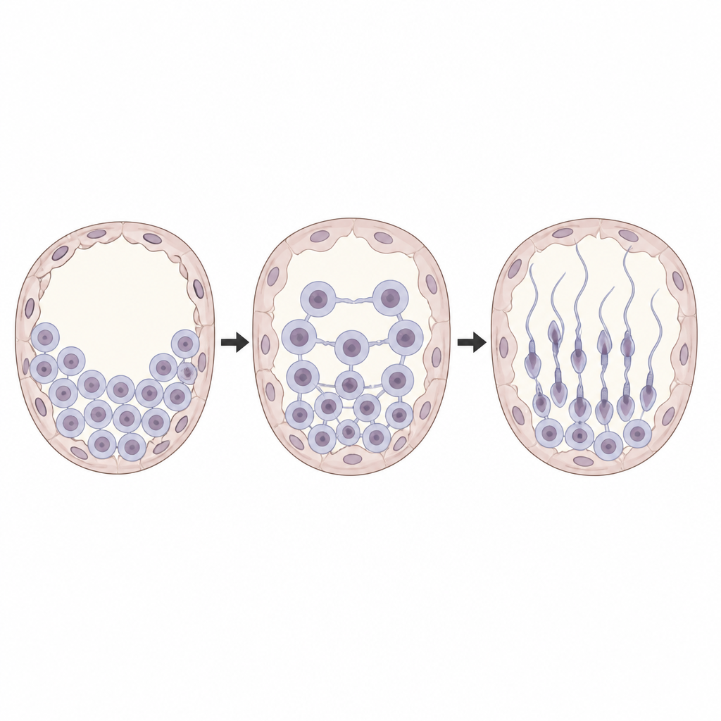 Figure 1. Come le cellule germinali collegate condividono piccoli tunnel aperti mentre maturano insieme in spermatozoi.