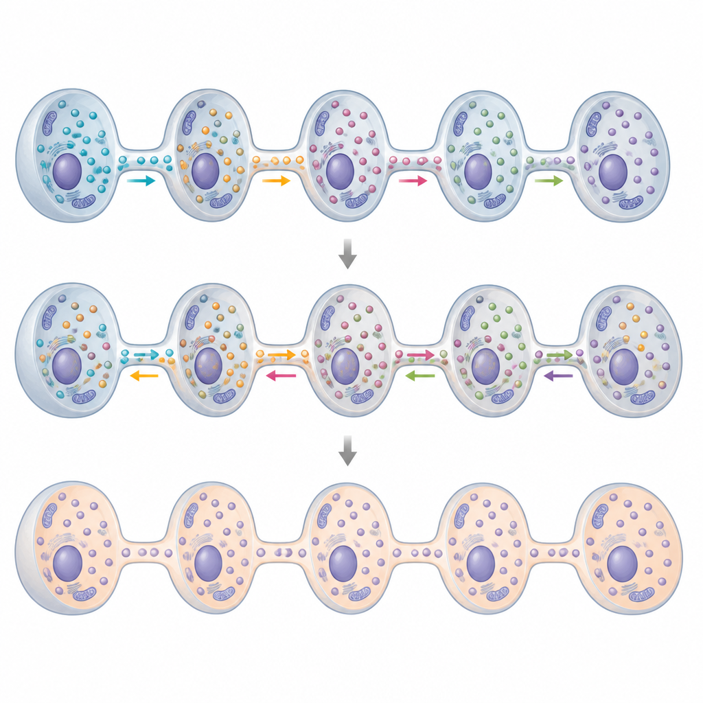 Figure 2. Come le cellule germinali connesse scambiano materiali attraverso i ponti così da modificarsi e maturare in sincronia.