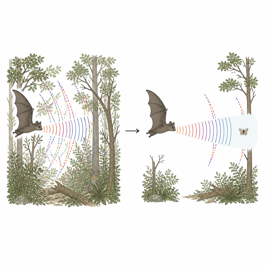 Figure 1. Wie Hufeisennasen ihre akustische Umwelt formen, um Motten in einem lauten Nachthimmel herauszuhören.