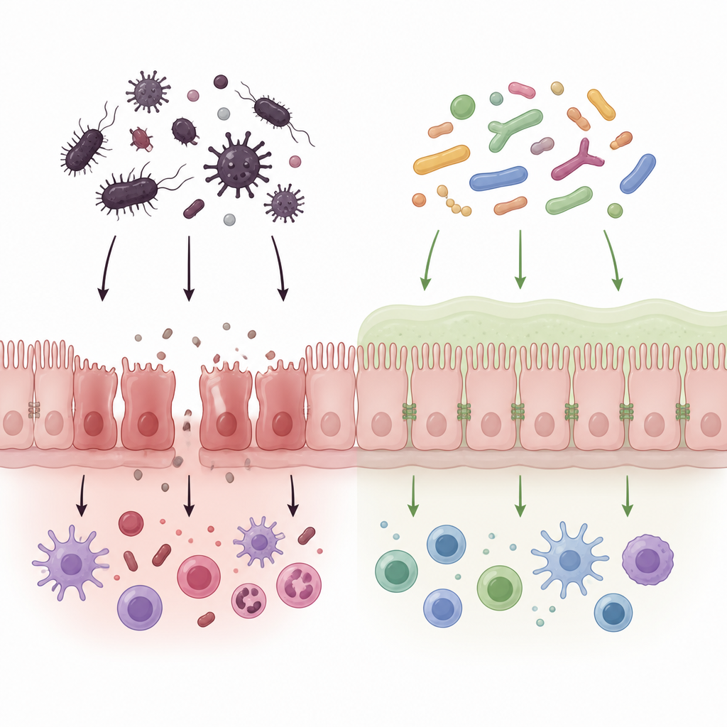 Figure 2. Different gut microbes can either weaken or strengthen the intestinal barrier after radiation, changing inflammation and recovery.