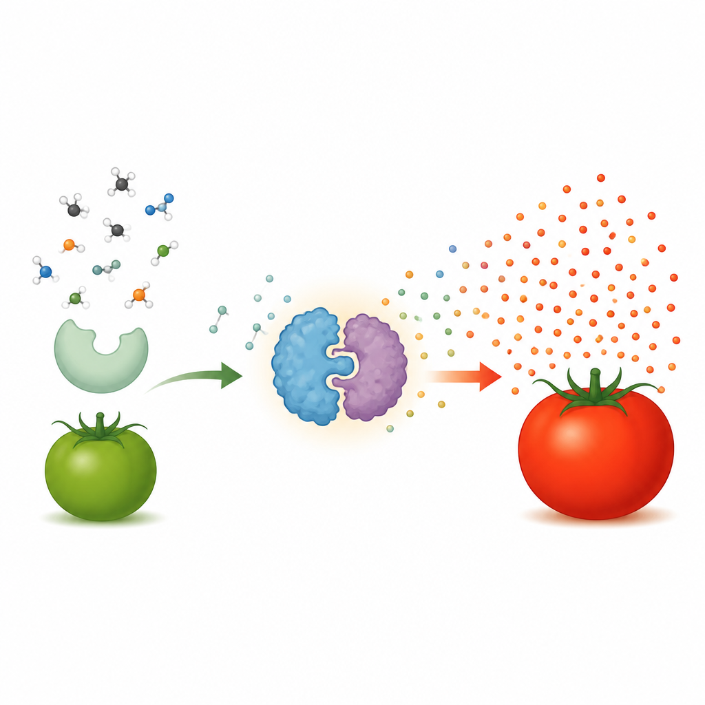 Figure 2. Wie zwei Partnerproteine innerhalb der Tomatenfrucht zusammenwirken, um Ethylen und rote Färbung zu verstärken.