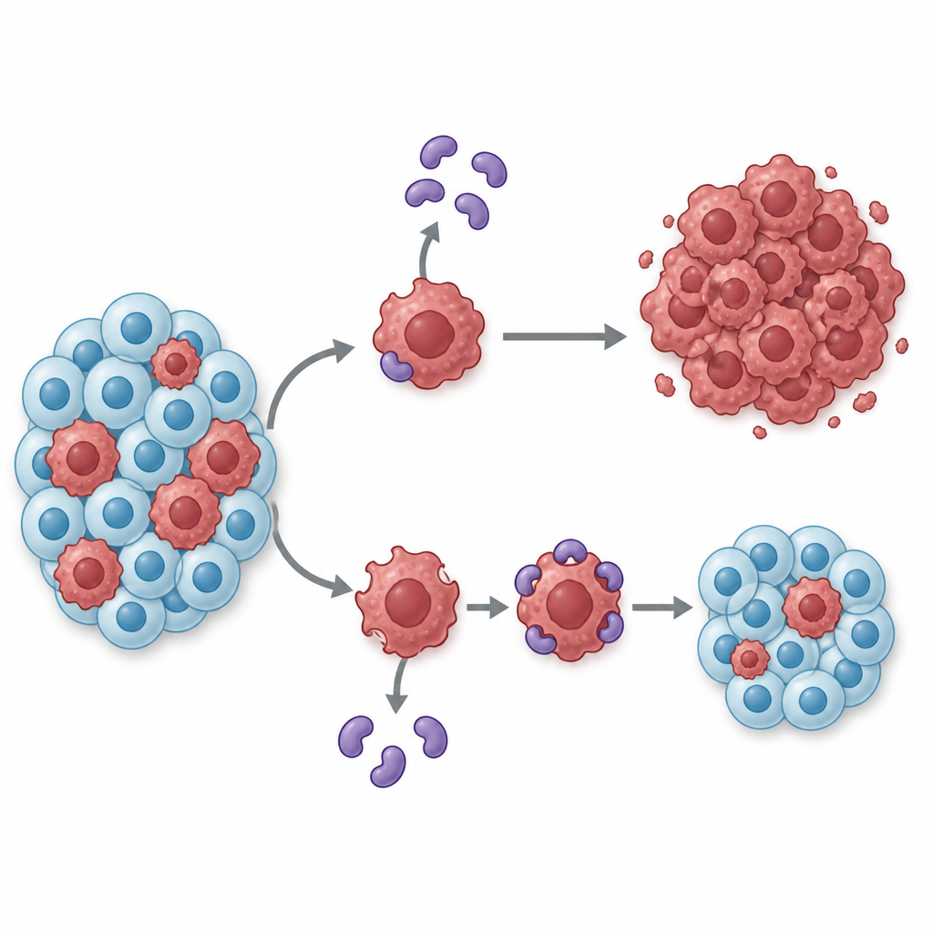 Figure 1. Przywrócenie utraconego naturalnego hamulca w komórkach nowotworowych spowalnia ich wzrost, pozostawiając pobliskie komórki zdrowe w dużej mierze nietknięte.