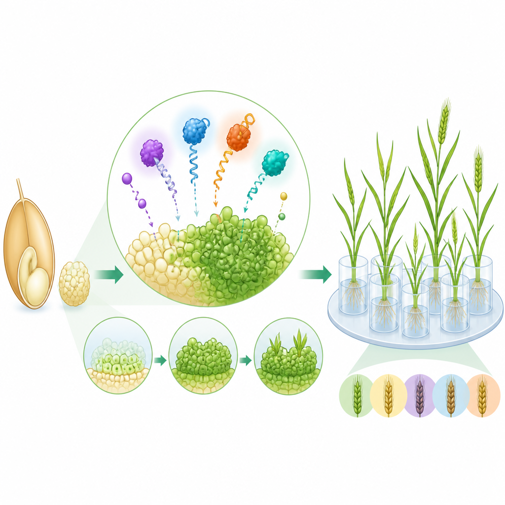 Figure 2. How molecular helper factors guide wheat cells step by step from tissue fragments to healthy regenerated plants.