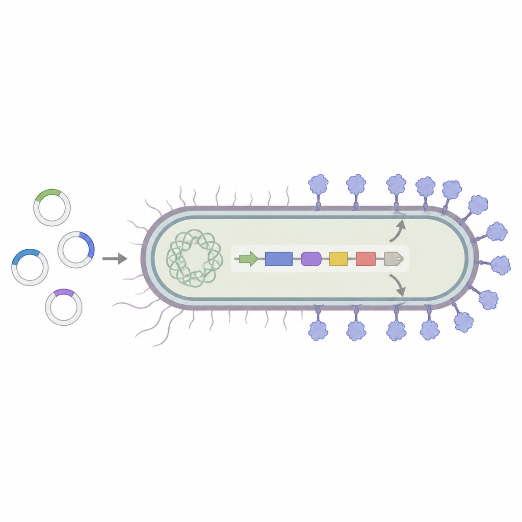 Figure 1. Bacteriën opgebouwd uit modulaire DNA-onderdelen fungeren als kleine testplatformen voor nuttige oppervlakte-eiwitten