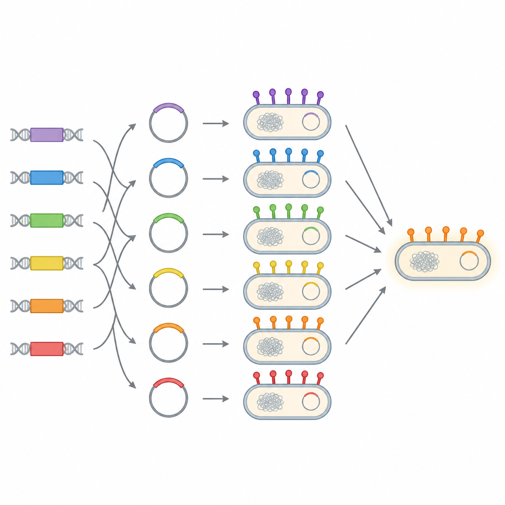 Figure 2. Het verwisselen van DNA-modules creëert veel bacteriën met verschillende oppervlakte-eiwitten om de beste uitvoerder te vinden