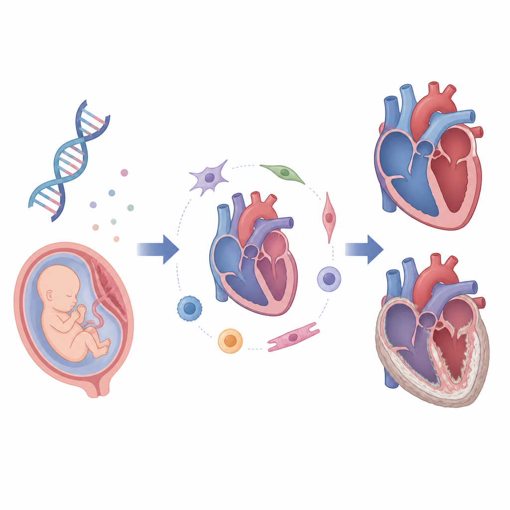 Figure 1. Come i geni e lo sviluppo cardiaco precoce determinano chi sviluppa cicatrici dannose nel cuore nelle cardiopatie congenite.