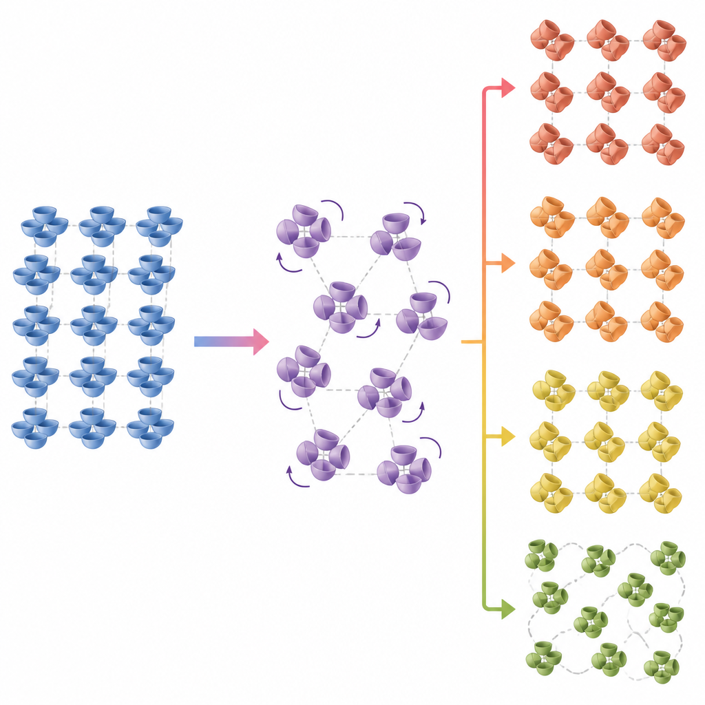 Figure 2. Come molecole a forma di ciotola in un cristallo ruotano e si riordinano con il calore per creare diverse strutture solide distinte.