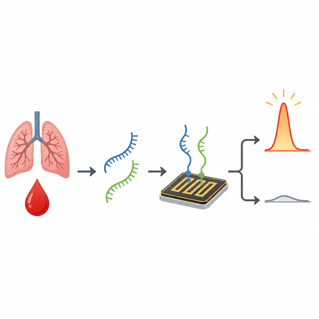 Figure 1. Dos marcadores de ARN que actúan conjuntamente en un sensor ofrecen una señal más clara para el cáncer de pulmón que cualquiera de los marcadores por sí solo.