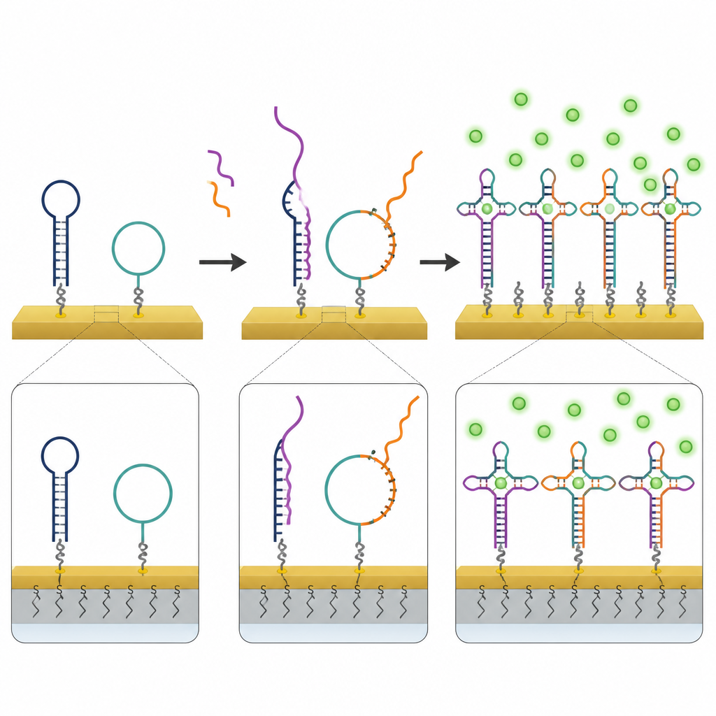 Figure 2. Dos ARN desbloquean reacciones de ADN en un electrodo, generando numerosas unidades de señal que amplifican la lectura de detección del cáncer.