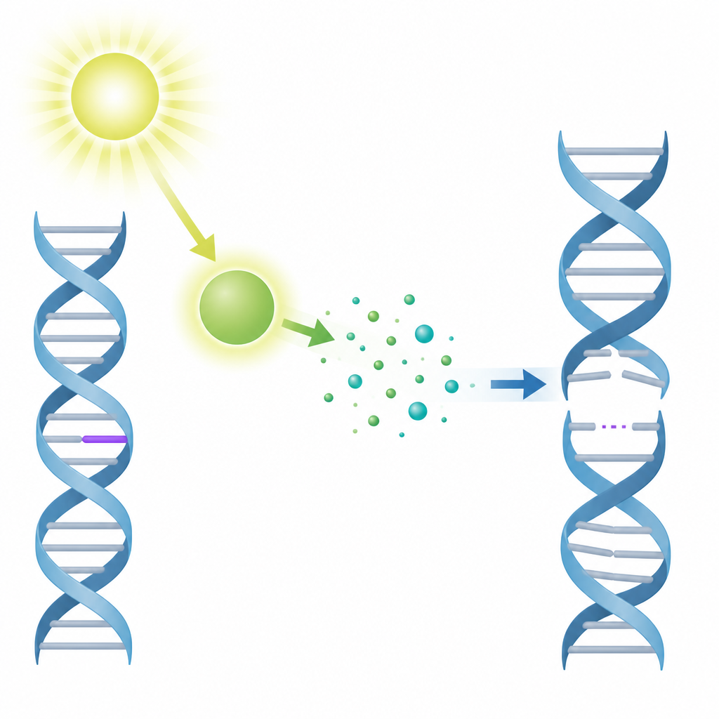 Figure 1. I coloranti attivati dalla luce trasformano l'ossigeno in una forma reattiva che rimuove silenziosamente le basi nei punti esposti del DNA.