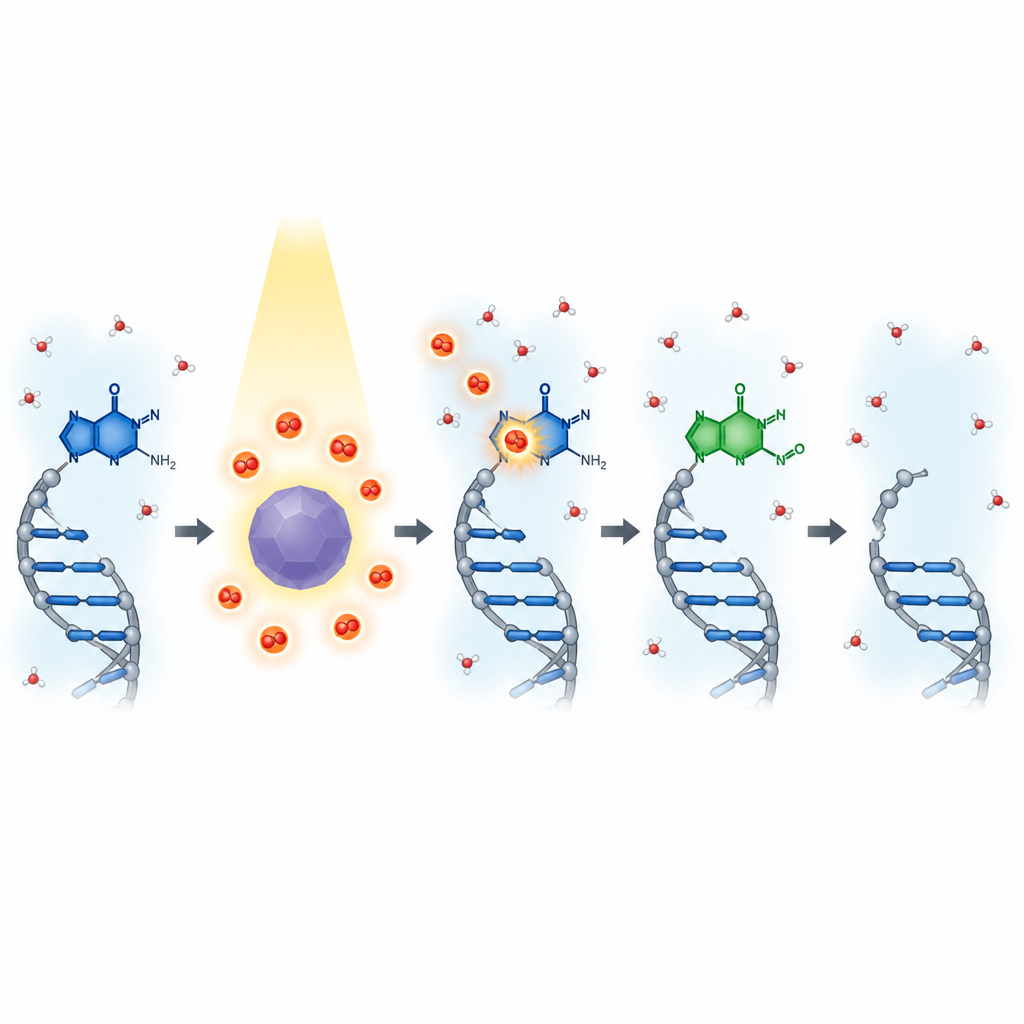 Figure 2. Reazione graduale in cui l'ossigeno reattivo attacca una guanina esposta nel DNA e la stacca, lasciando un intervallo privo di base.