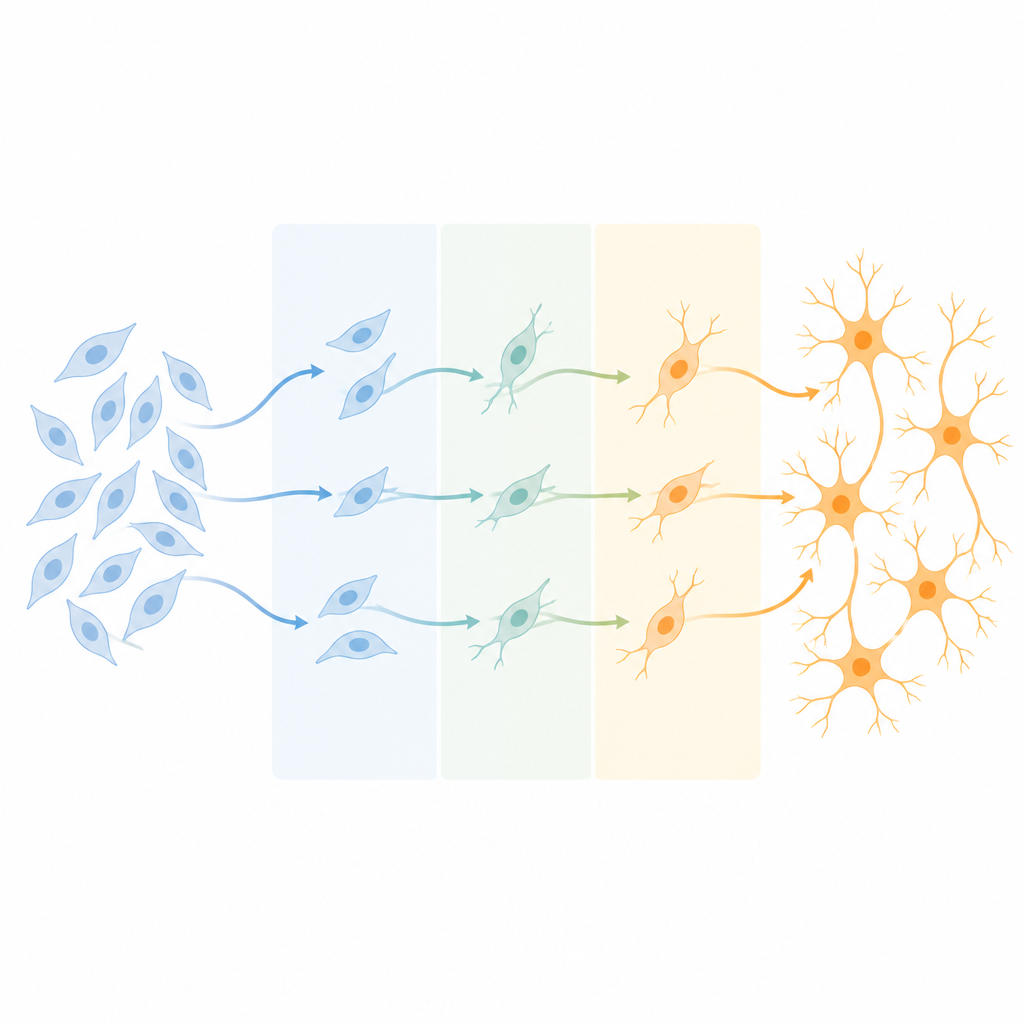 Figure 1. How chemicals and timing guide fibroblast cells stepwise into neurons for safer tissue repair