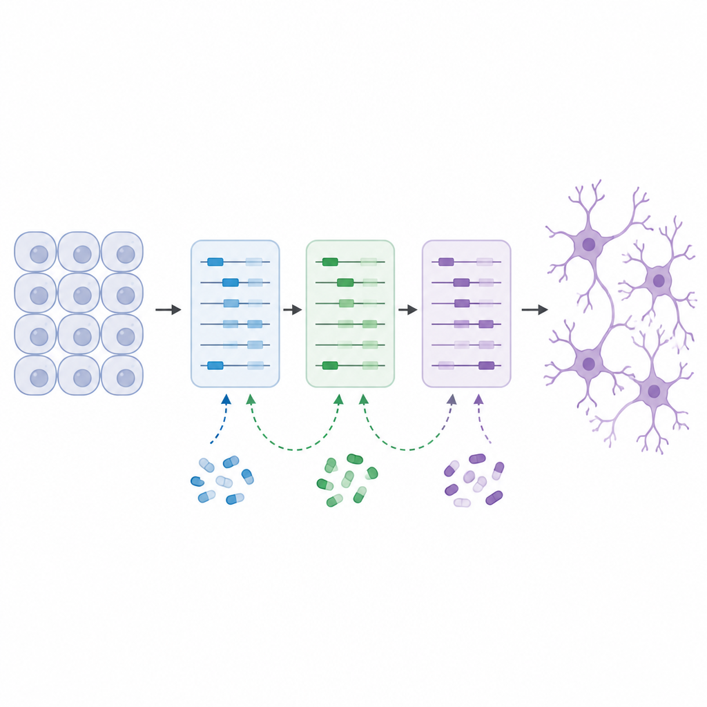 Figure 2. How stage specific chemical mixes reshape gene activity to turn fibroblasts into fully mature neurons