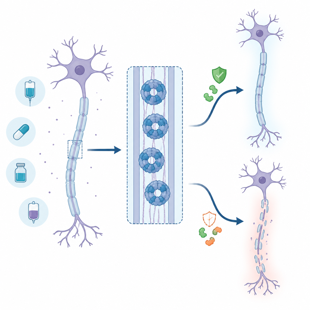 Figure 1. How blocking a nerve self-destruct switch could help, and sometimes harm, damaged axons