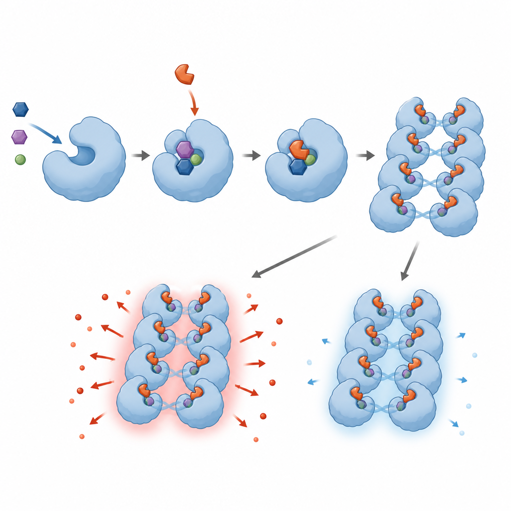 Figure 2. How certain SARM1 blockers turn into bound products that cluster the enzyme and boost nerve damage at low doses