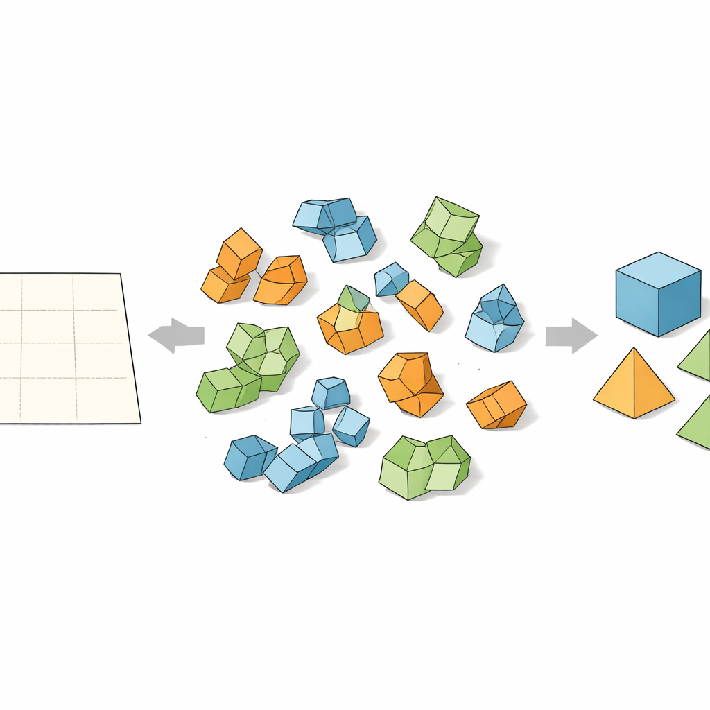 Figure 1. Düz desenlerin farklı yollarla birçok 3B şekle nasıl katlanabildiği ve bunun geleceğin aygıtları için neden önemli olduğu.