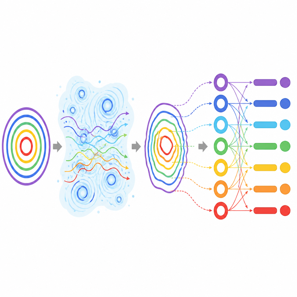 Figure 2. Come la turbolenza mescola gli anelli in un fascio di luce vorticoso e come ogni anello alimenta un canale di rilevamento separato.