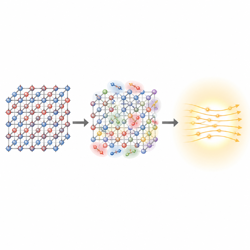 Figure 1. How added chemical disorder creates tiny polar regions that boost stretching and energy storage in a ceramic.
