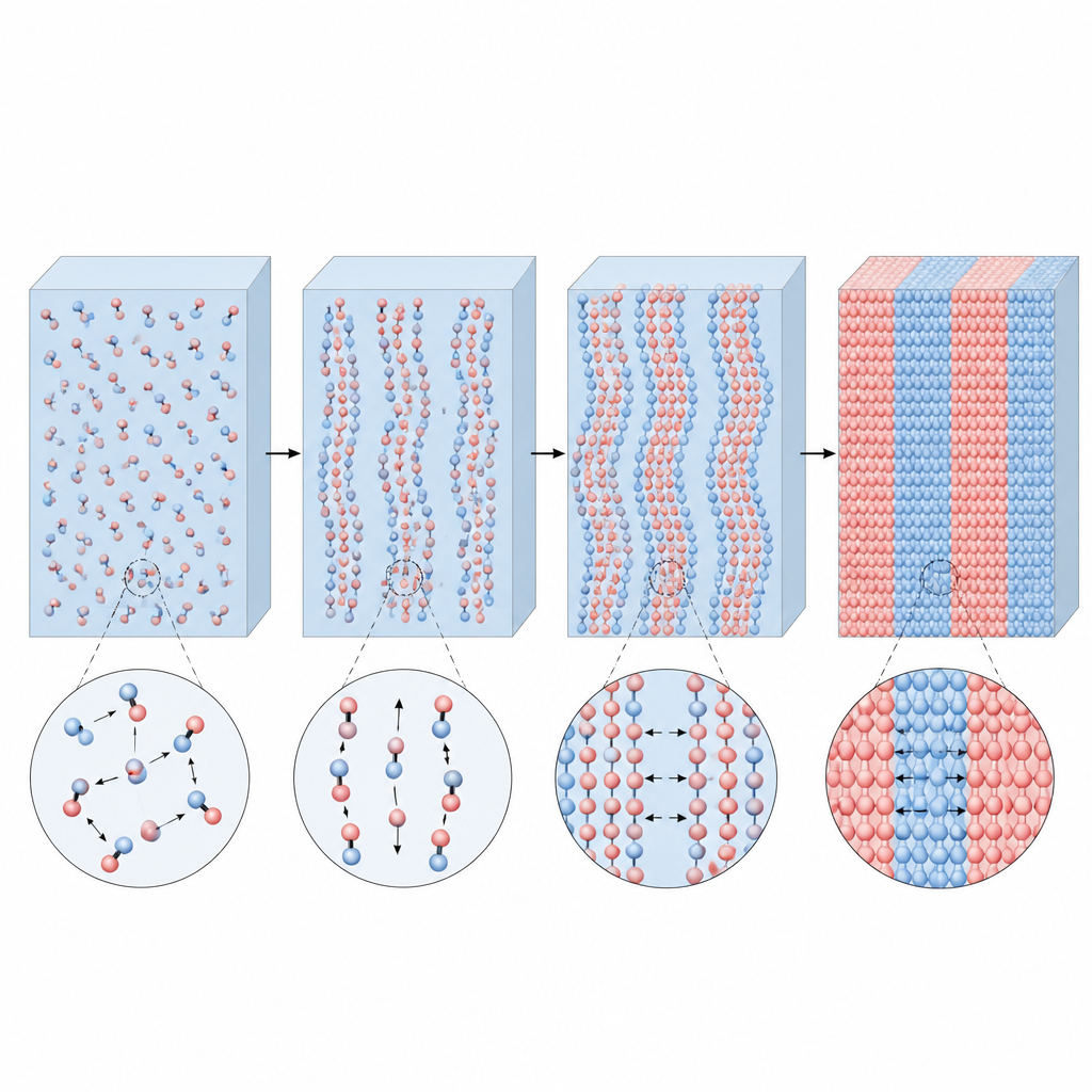 Figure 2. How nanoscale polar clusters self-assemble into stripes and bands that jam together to enhance electrical performance.