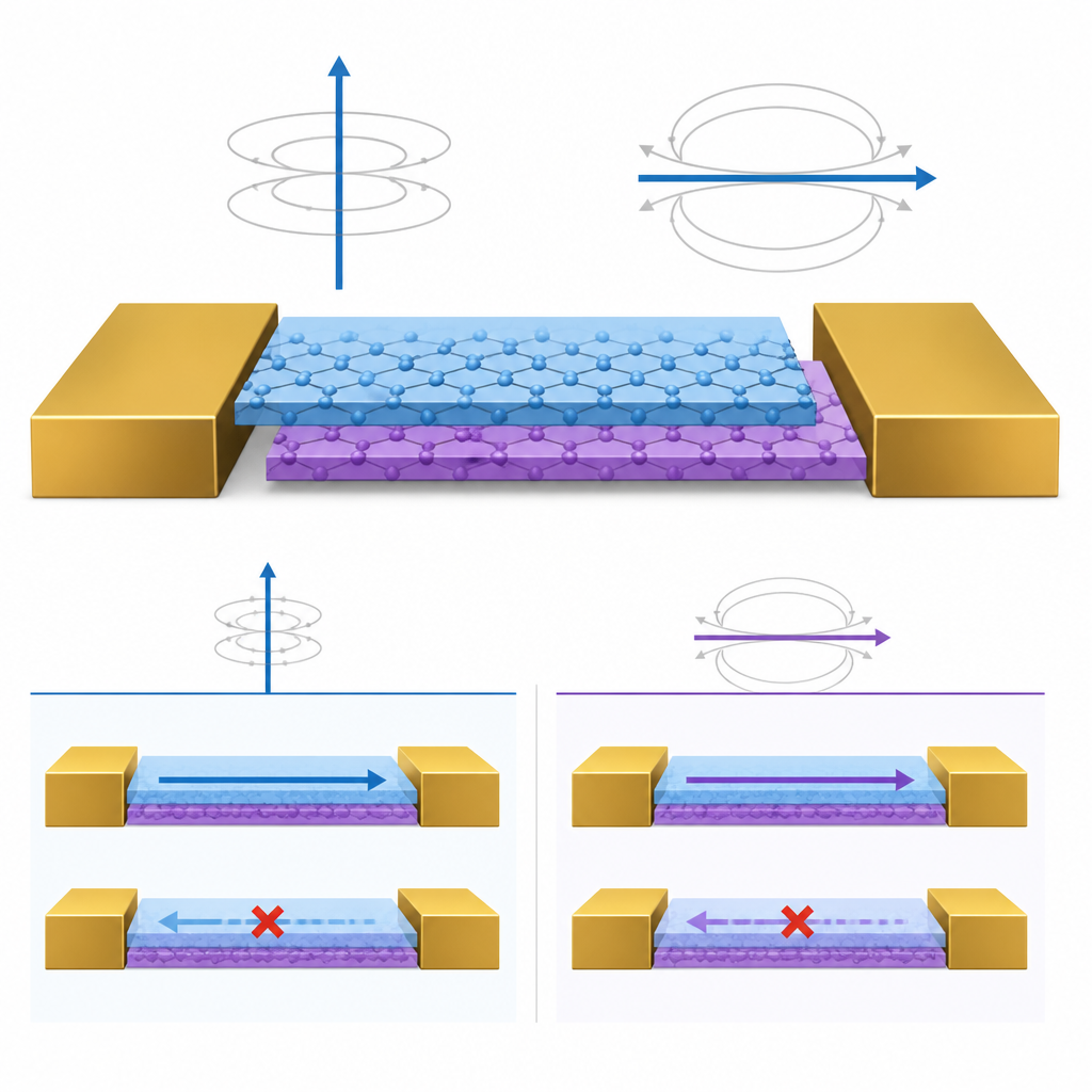 Figure 1. Nałożone warstwy nadprzewodzące tworzą diodę, w której kierunek pola magnetycznego wyznacza preferowaną ścieżkę dla prądu bez strat.