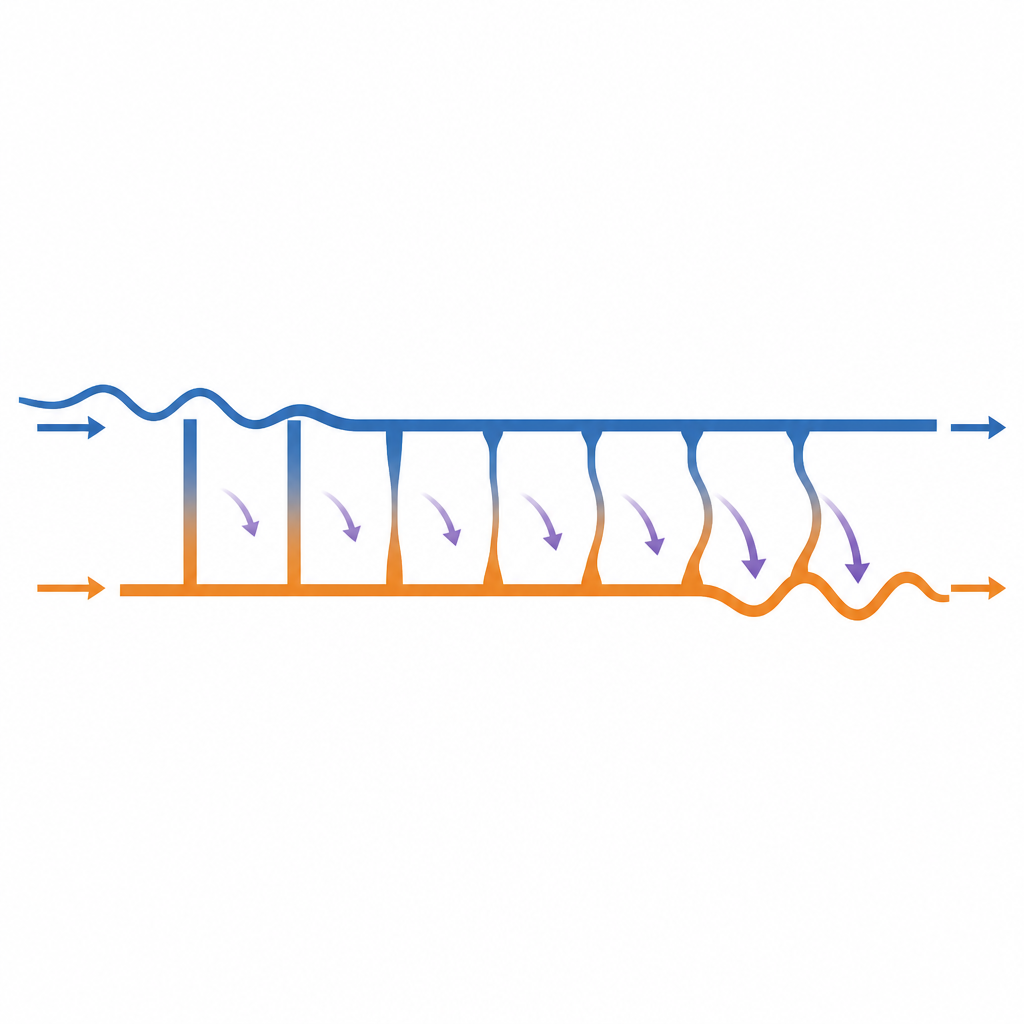 Figure 1. Энергия плавно переходит от одной упругой балки к другой, следуя оптимизированному изменению формы балок и мостиков.