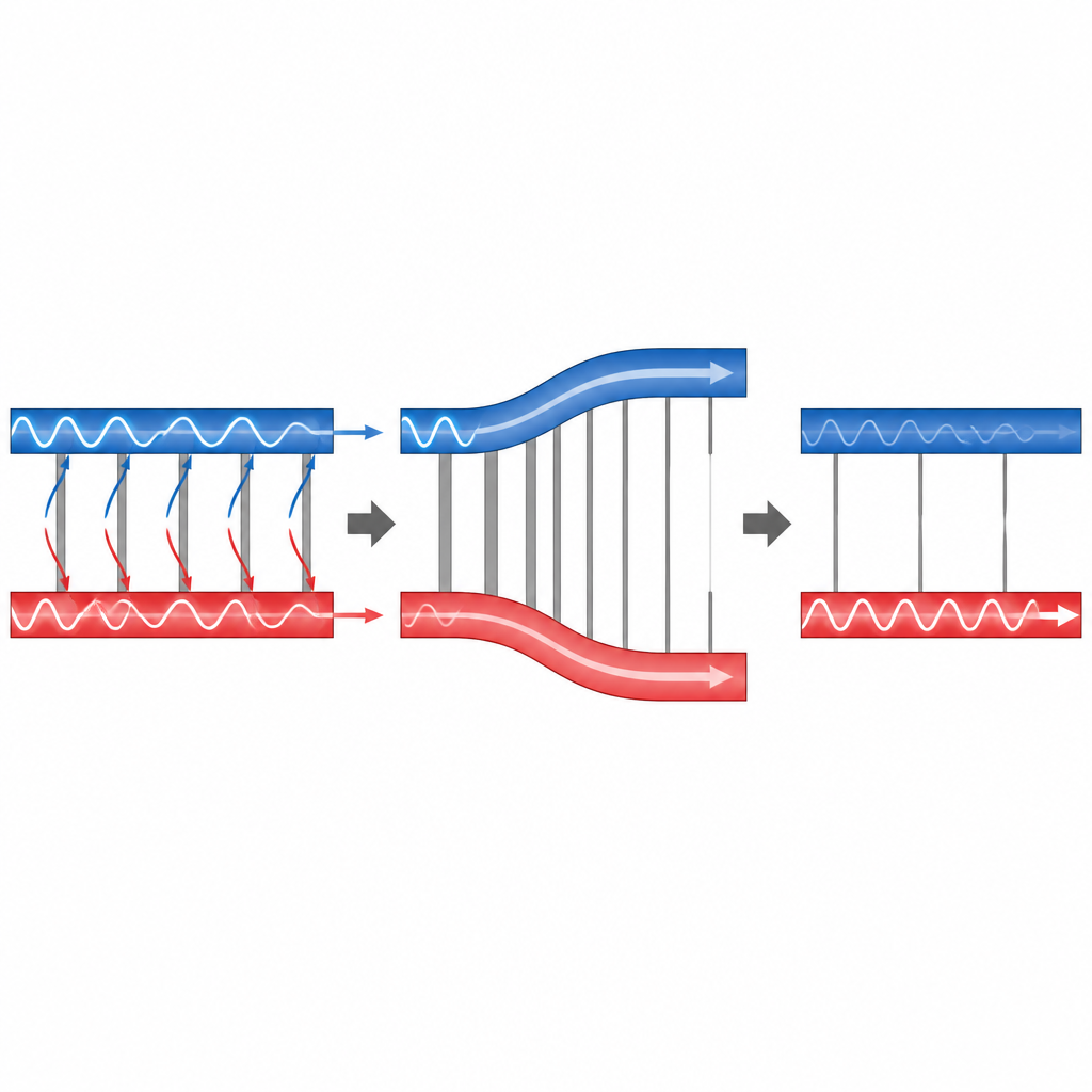 Figure 2. Детальный разбор того, как форма и темп изменения мостиков между двумя балками подавляют нежелательные скачки энергии во время передачи.