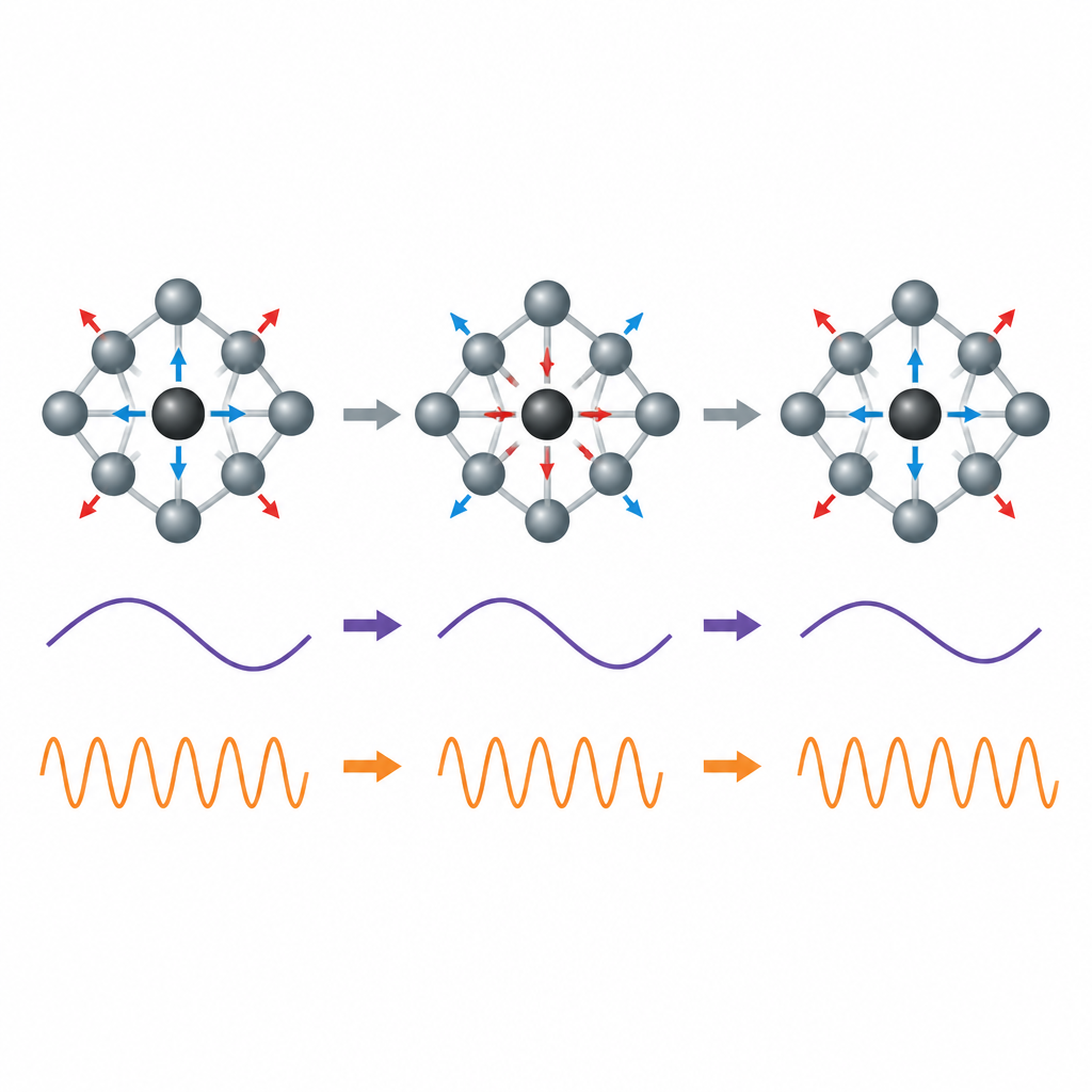 Figure 2. Come gli atomi che sbattono contro le loro «gabbie» di vicini nel carbonio fuso generano un’onda a bassa frequenza separata accanto al suono acustico