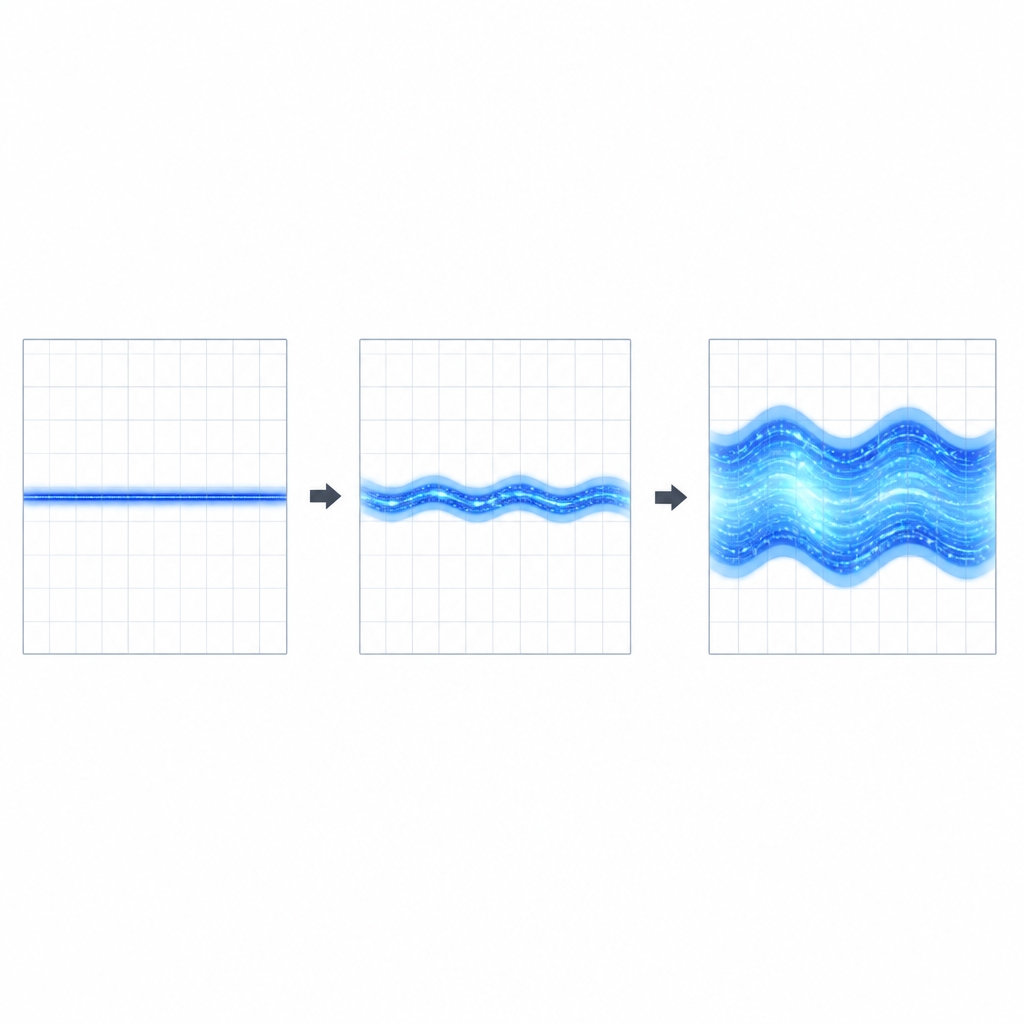 Figure 2. Step-by-step growth of sideways ripples and width in an electric string as its internal vibrations become active