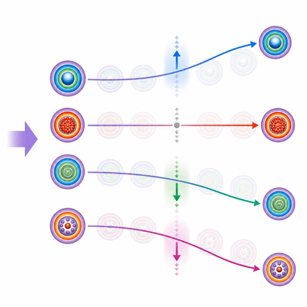 Figure 2. كيف تنحرف دوامات مغناطيسية متداخلة مختلفة على مسارات متميزة تحت نفس التيار الكهربائي.