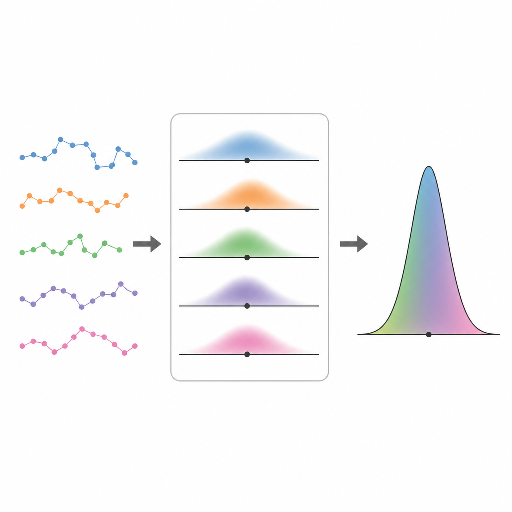 Figure 2. Korte, lawaaierige trajecten combineren tot een scherper populatieprofiel door alle mogelijke bewegingsparameters te wegen met hun likelihood.