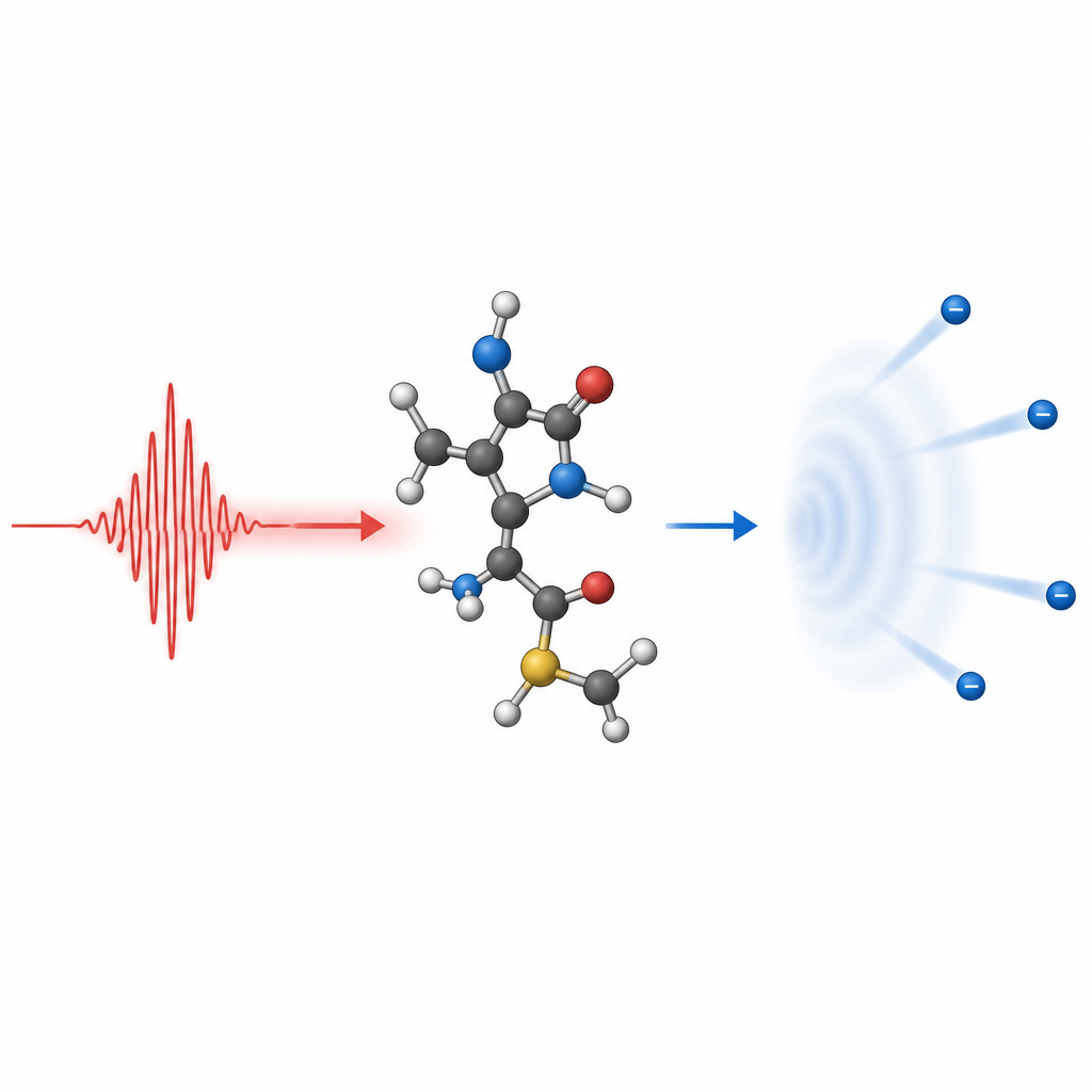 Figure 1. Wie ein ultraschneller Lichtpuls Elektronen aus einem vibrierenden Molekül herausschlägt und dessen weiteres Verhalten verändert.