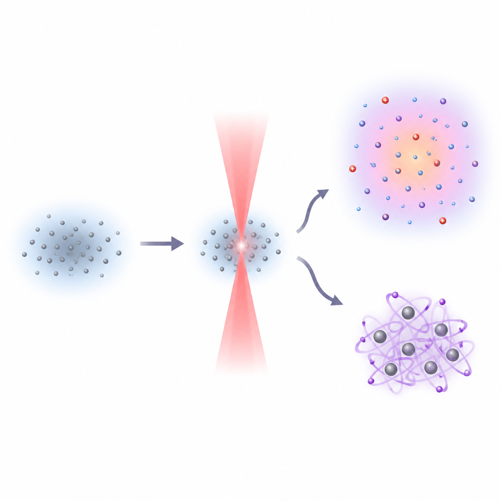 Figure 1. Cómo un único pulso láser ultrarrápido convierte una nube de átomos ultrafríos en un plasma o en un gas de átomos gigantes excitados.