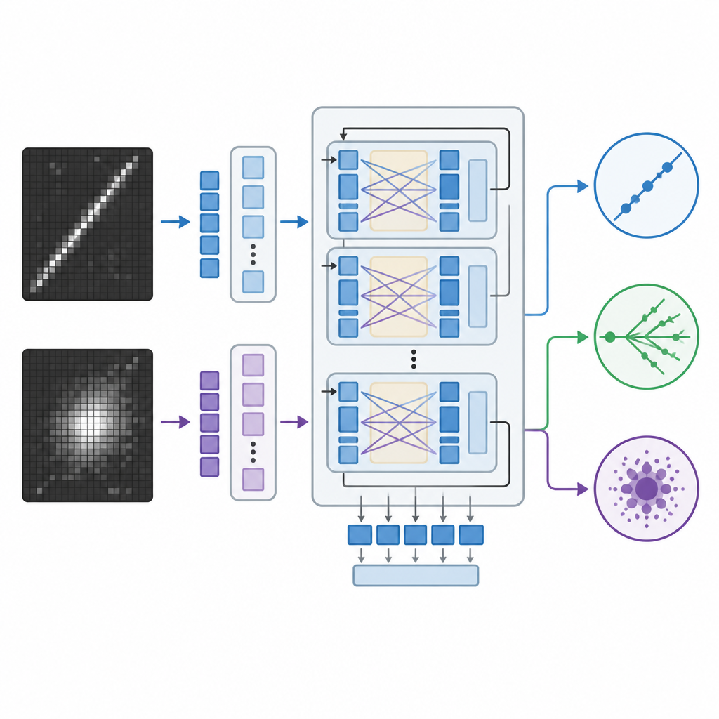 Figure 2. Le immagini del rivelatore scorrono attraverso un modello AI stratificato che collega le forme delle tracce ai diversi esiti delle interazioni dei neutrini.