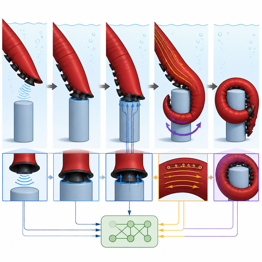 Figure 2. Primer plano de ventosas sensoriales que accionan tendones de modo que un brazo blando se dobla y torsiona para asegurar un objeto submarino.