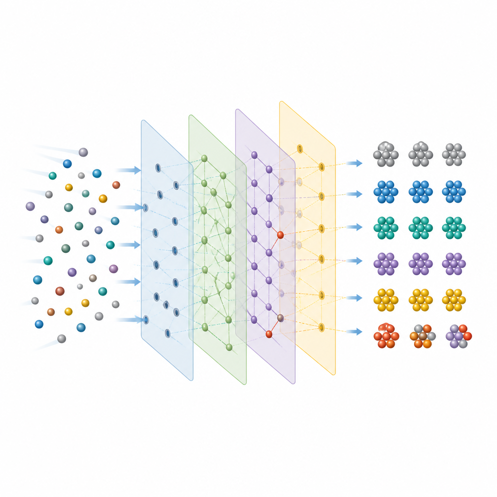 Figure 2. Atomom przepływającym przez warstwowe płaszczyzny kotwic pojawiają się schludne kolorowe klastry, ujawniając, jak wspólny proces porządkuje materiały.