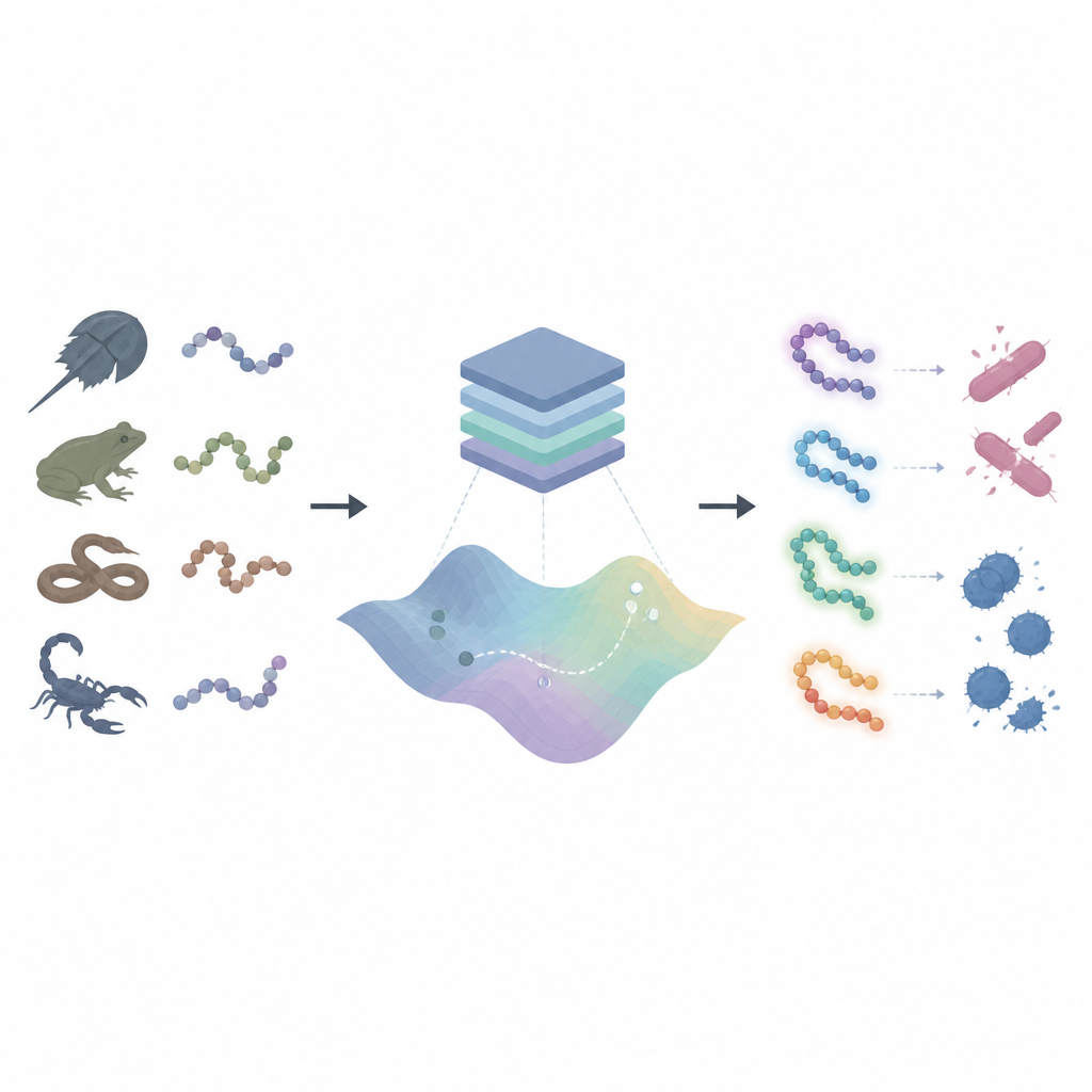 Figure 1. KI verfeinert antike Peptid-Blueprints zu stärkeren Antibiotika gegen resistente Bakterien