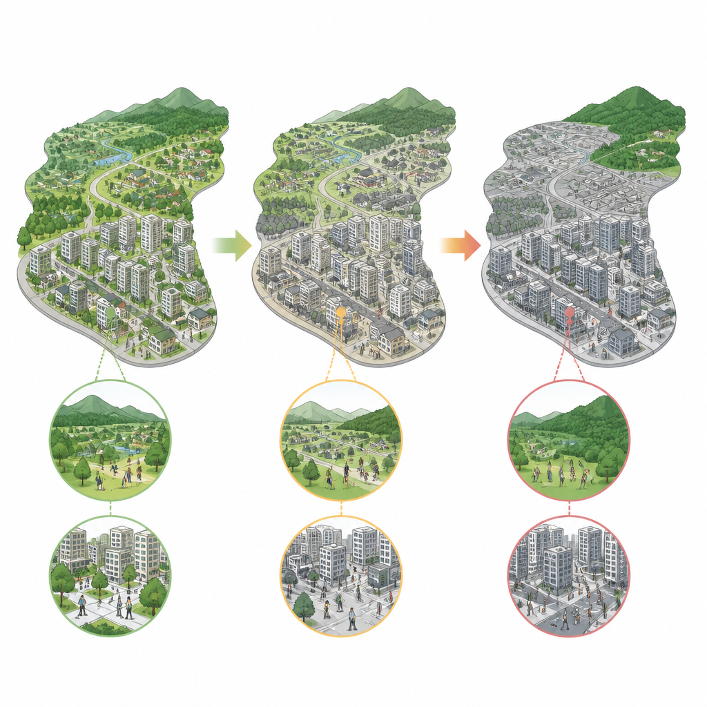 Figure 2. How spreading pavement at city edges leaves some crowded areas grey while greener zones serve fewer people.