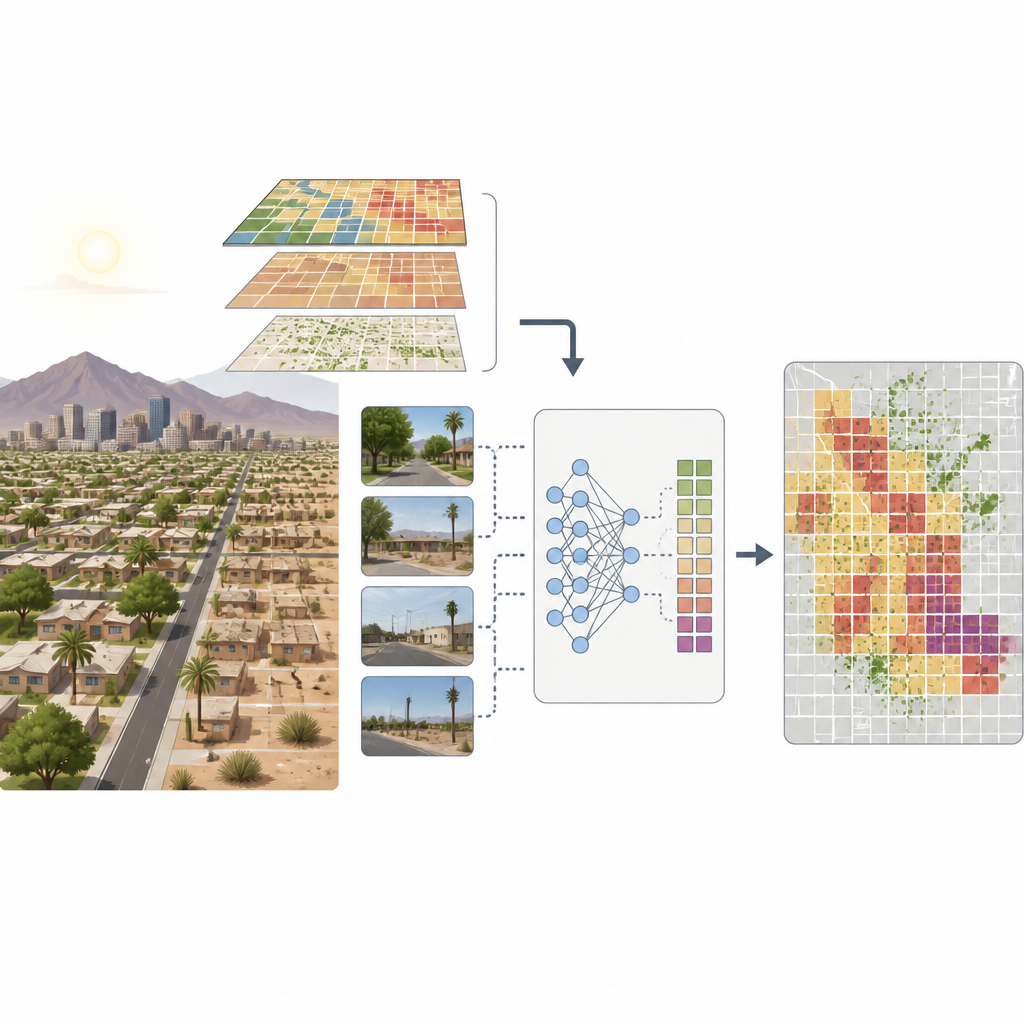 Figure 1. L’IA legge le foto delle strade cittadine per mappare dove povertà e scarsa copertura arborea si sovrappongono ancora nei quartieri di Phoenix modellati dal redlining.