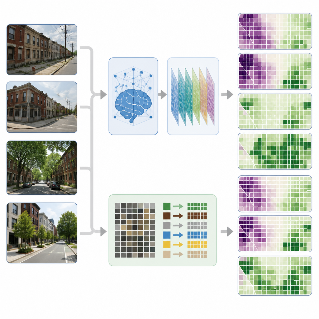 Figure 2. Vista affiancata di due metodi di IA che trasformano le foto di strada in mappe a colori che rivelano le differenze nella povertà e nella copertura arborea.