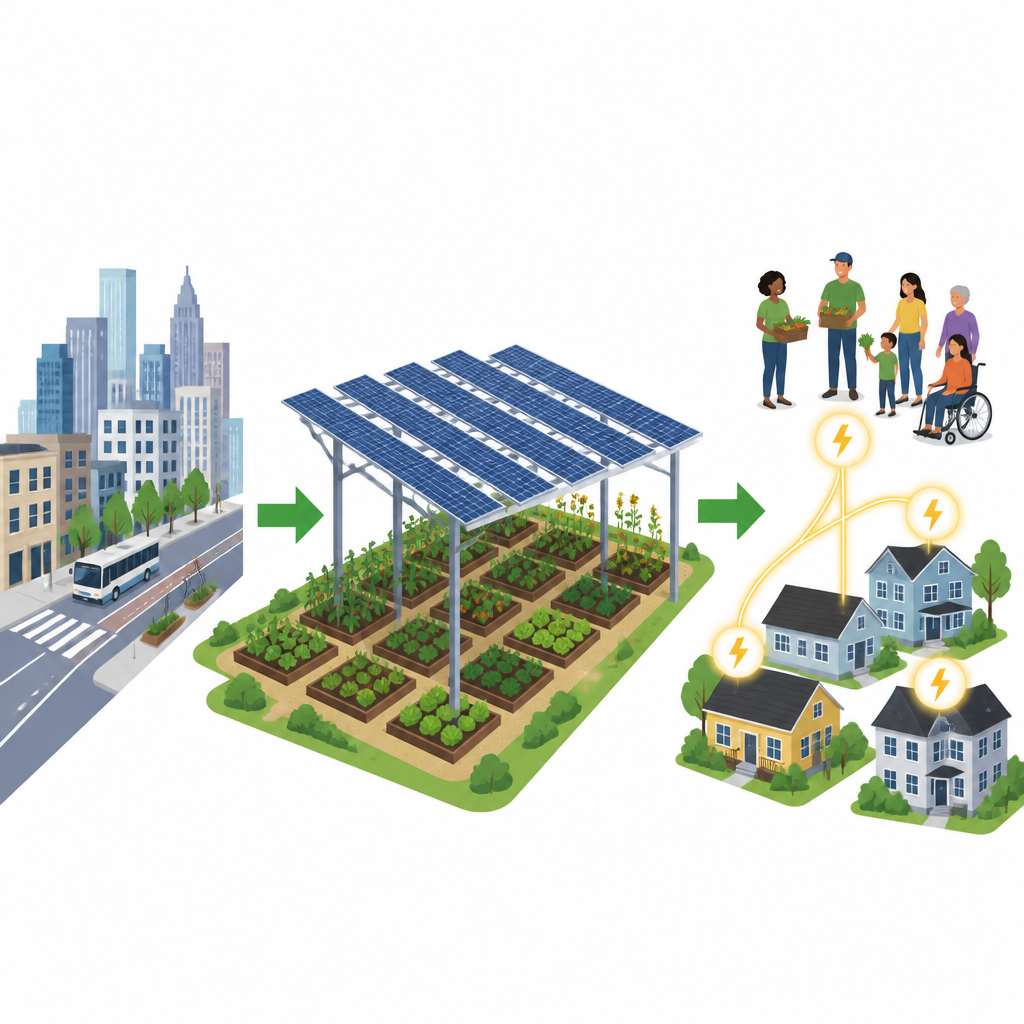 Figure 1. Ogrodnictwo miejskie i panele fotowoltaiczne współdzielą przestrzeń, dostarczając zarówno świeżą żywność, jak i czystą energię dla dzielnic miejskich.