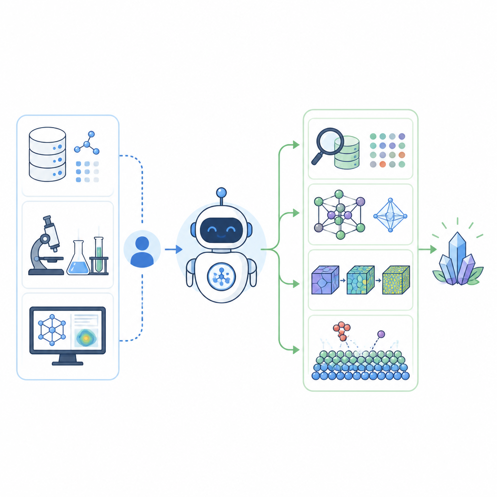 Figure 1. An AI assistant routes plain language materials questions to the right tools for data lookup, structure design, and simulations.