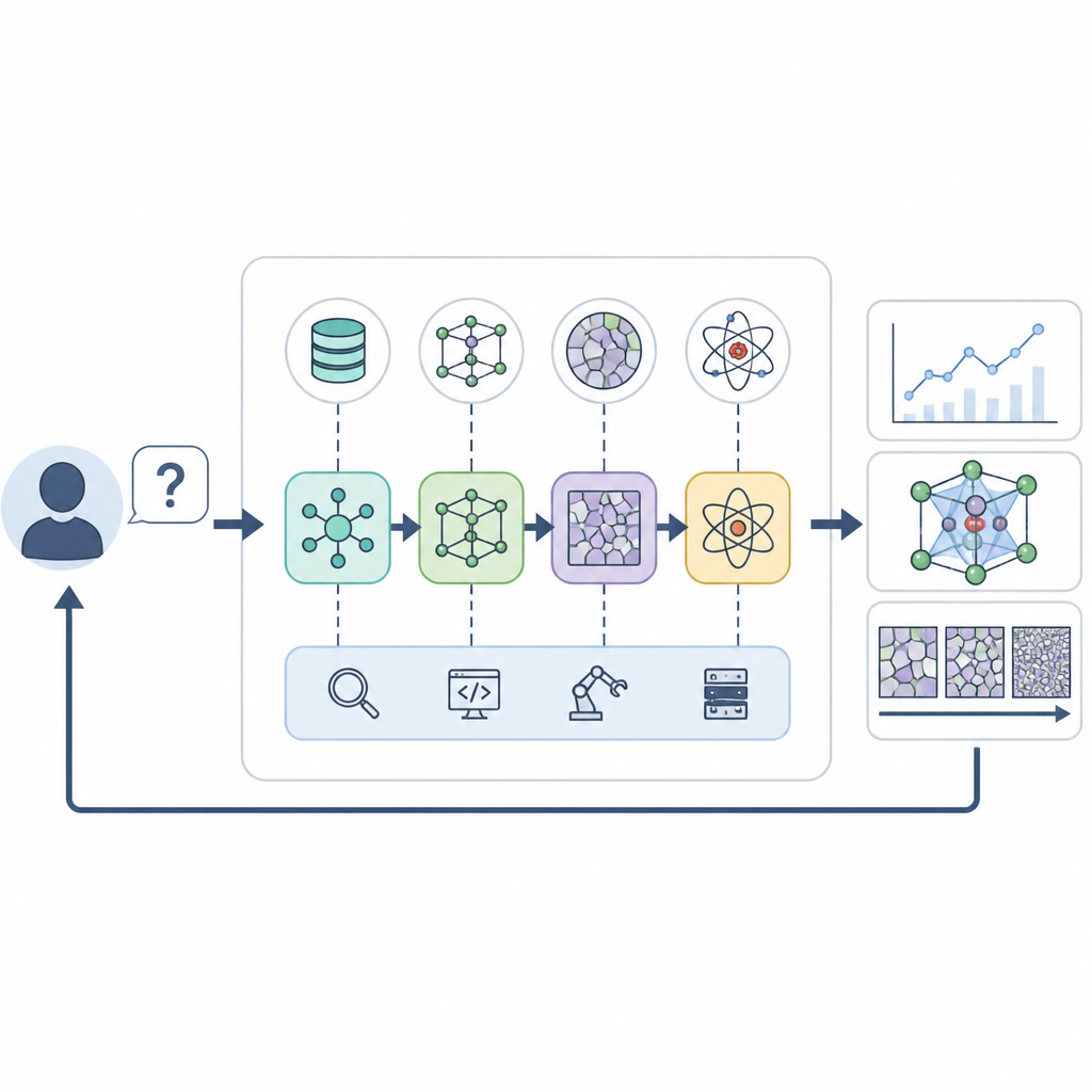 Figure 2. A chain of specialized AI modules turns a researcher’s request into stepwise database queries and simulations that return visual results.