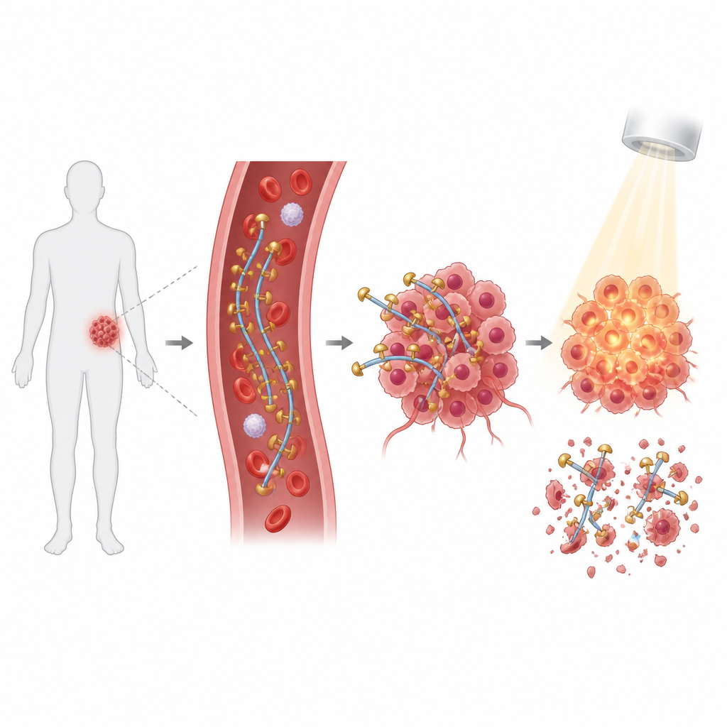 Figure 1. Piccoli nanofunghi metallici percorrono nanofili per trovare le cellule tumorali, illuminarle e contribuire a distruggerle con luce delicata.
