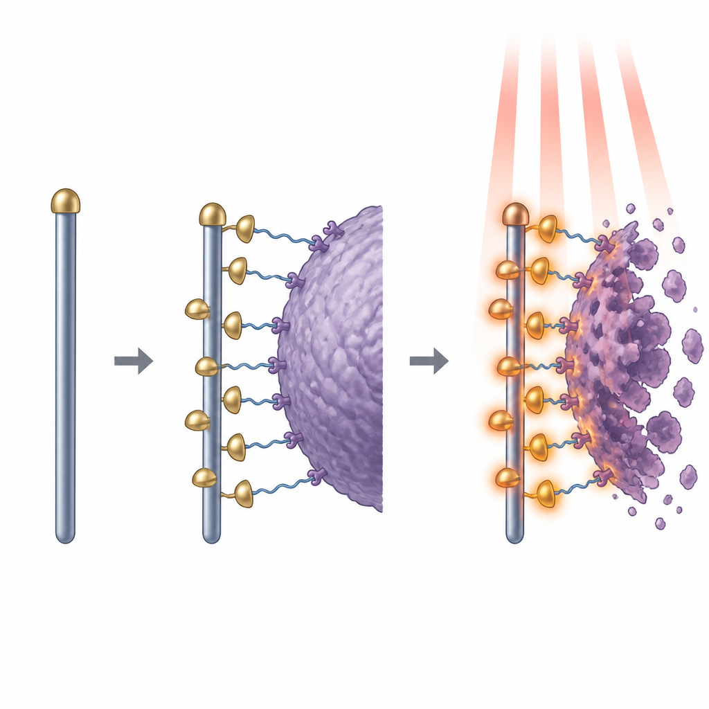 Figure 2. I nanofunghi rivestiti sul filo si agganciano a una cellula cancerosa e riscaldano la sua superficie sotto la luce, causando la rottura della cellula.