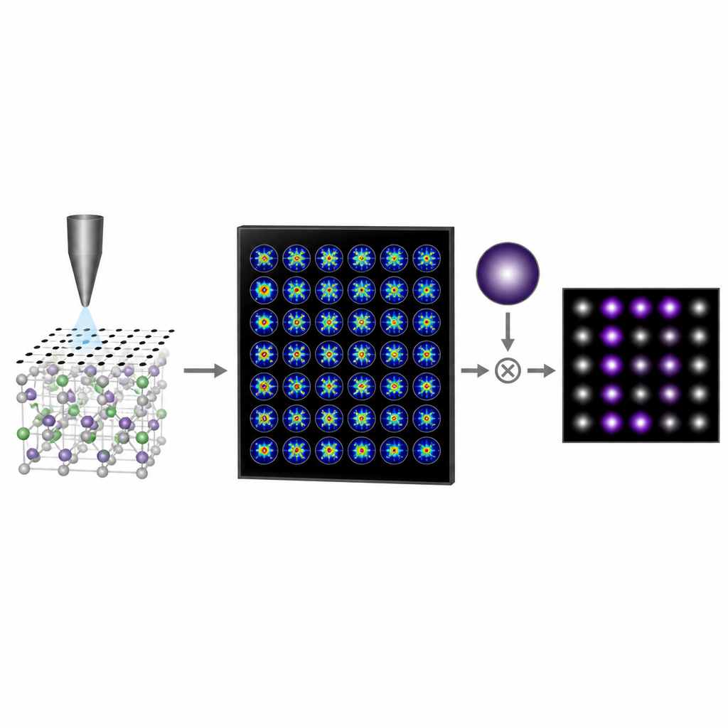 Figure 1. Come un fascio elettronico di scansione e un opportuno peso trasformano i dati 4D-STEM in un’immagine nitida degli atomi in un cristallo
