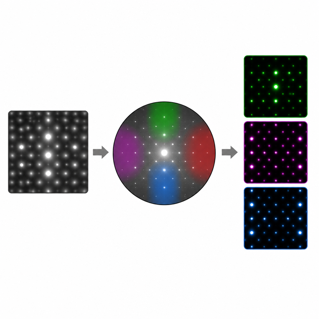 Figure 2. Come una maschera guidata seleziona segnali nei pattern di diffrazione per isolare diverse colonne atomiche nelle immagini 4D-STEM